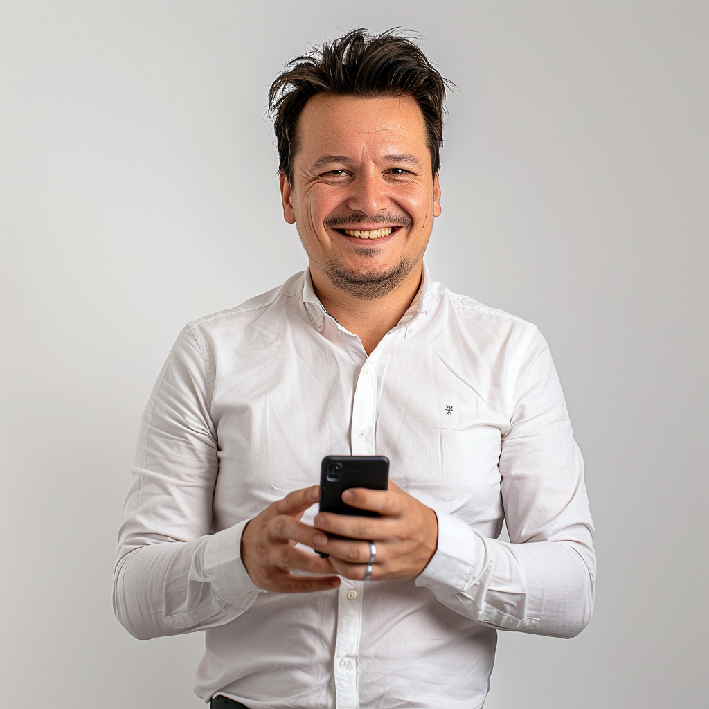 Smiling young man holding phone