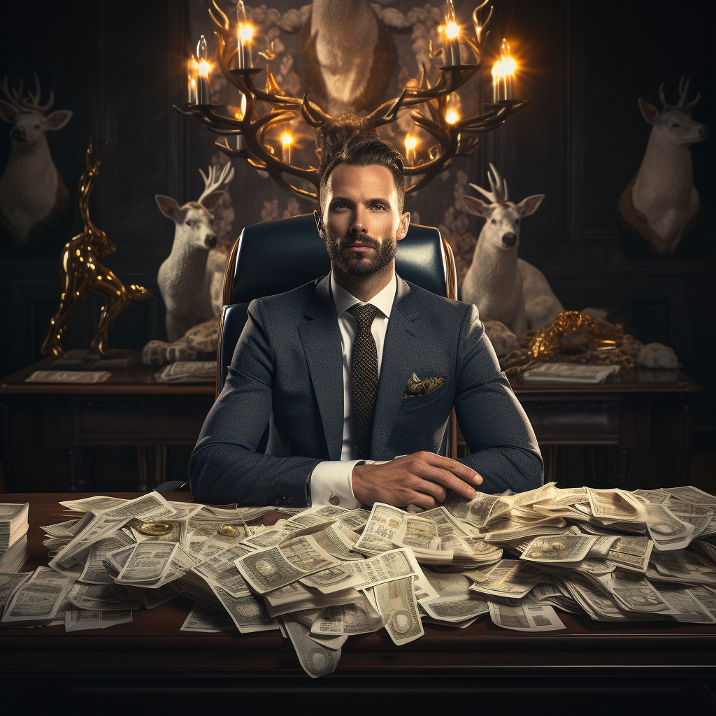 Confident man behind desk with money stacks