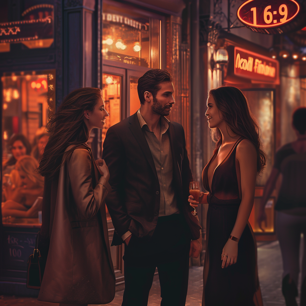 Confident man with attracted women in urban setting