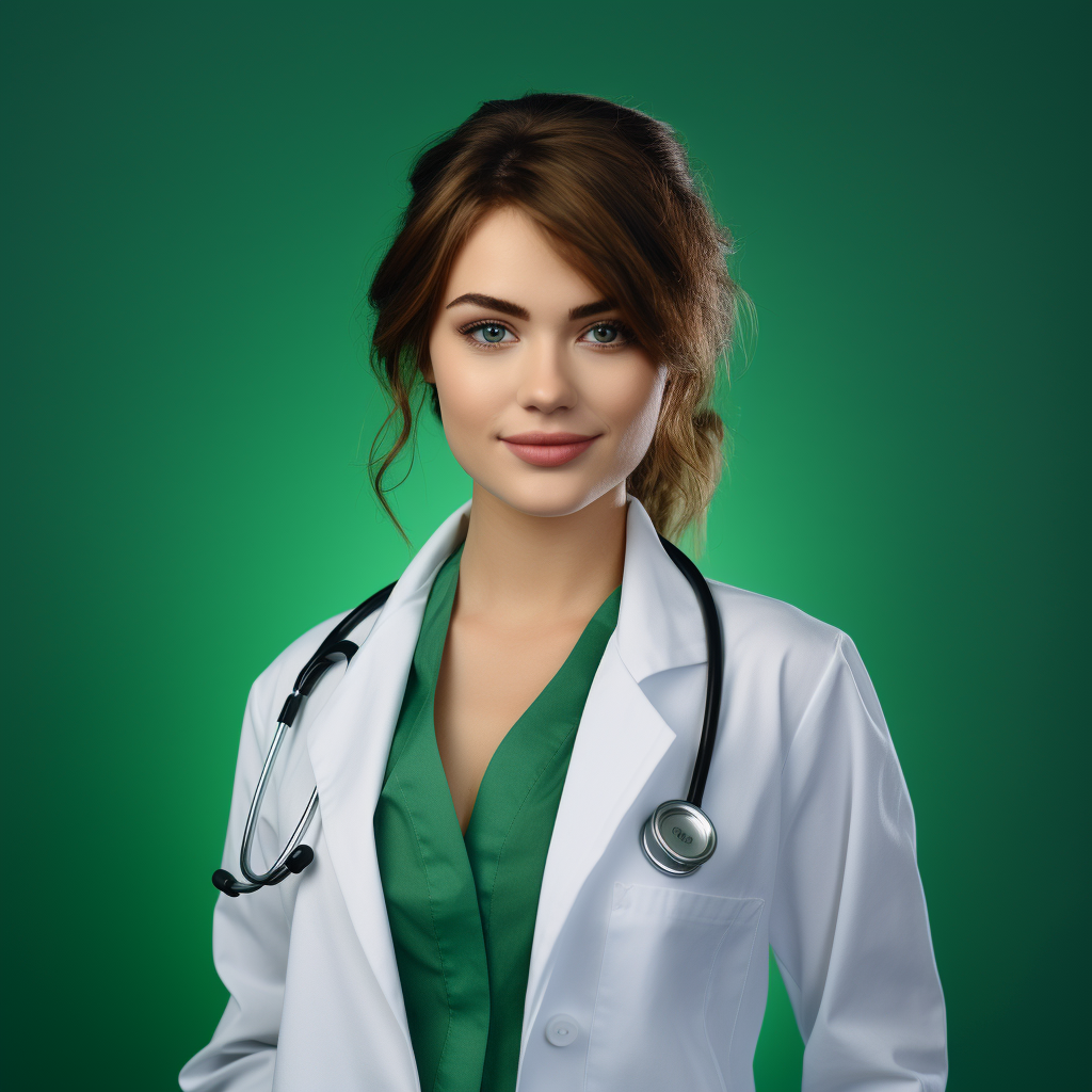 Confident medical girl doctor on green background