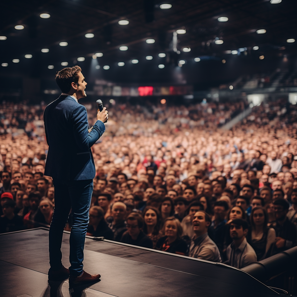 Confident speaker addressing large audience