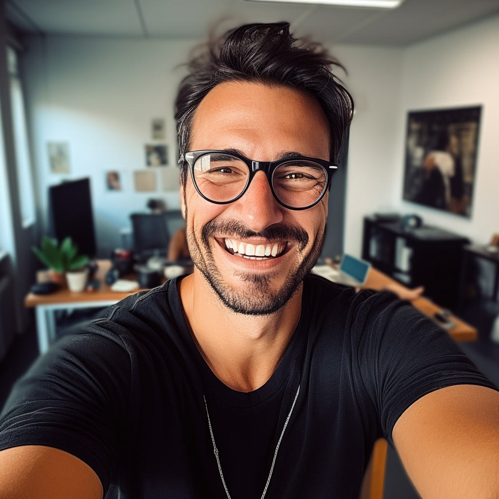 Confident Italian guy in office selfie photo