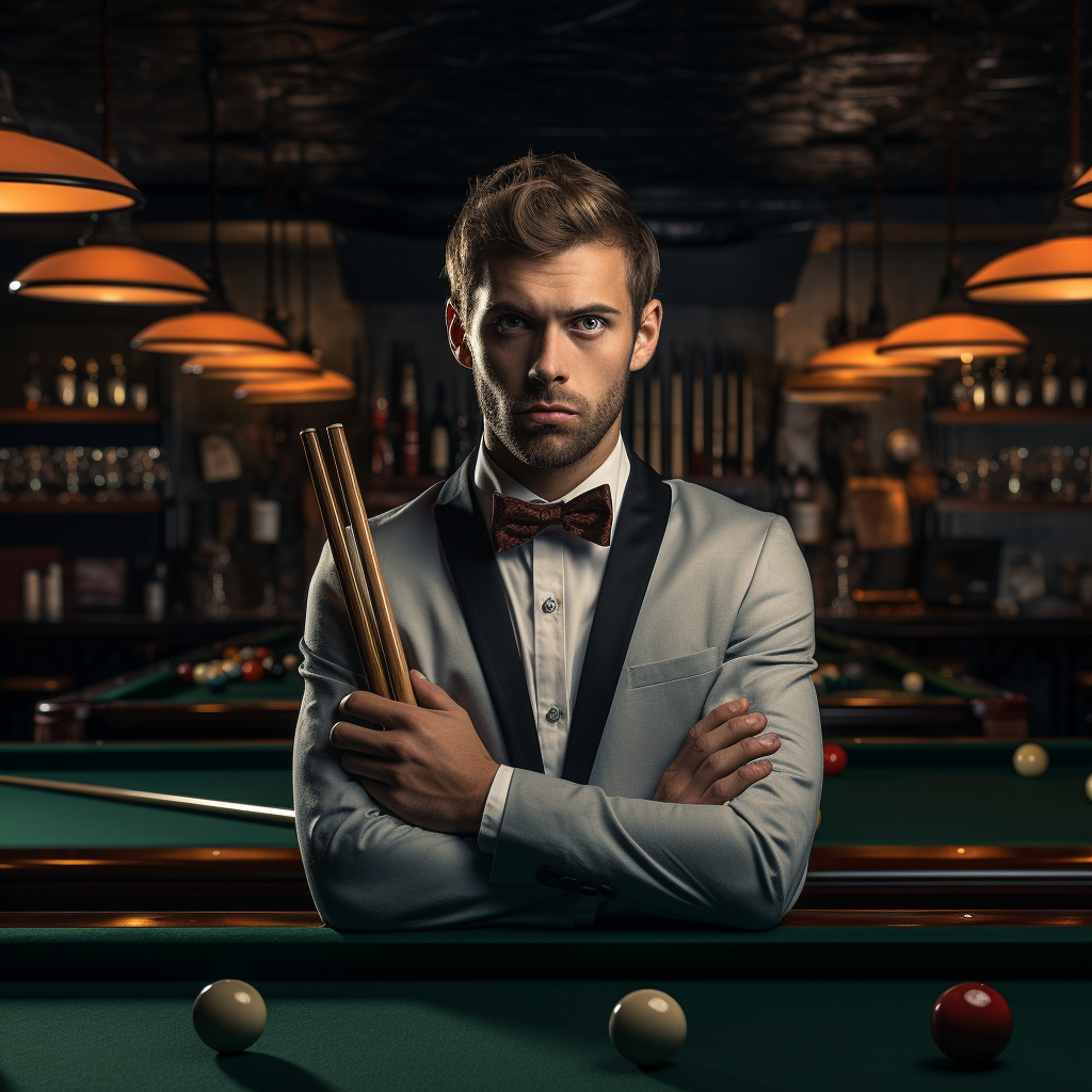 Confused businessman holding billiards cue between two tables