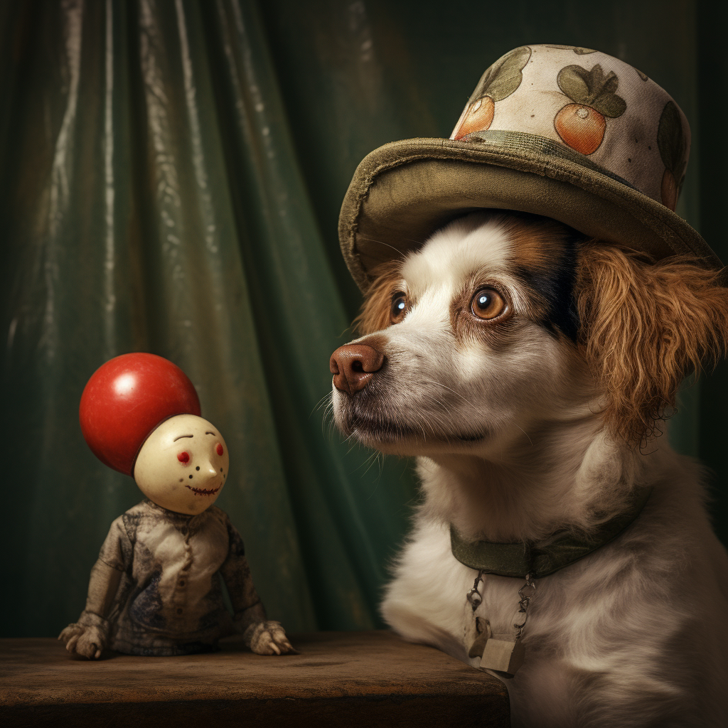 A confused dog looking at a clown