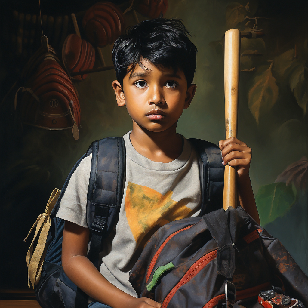 Confused Indian kid with Ben 10 school bag and cricket bat