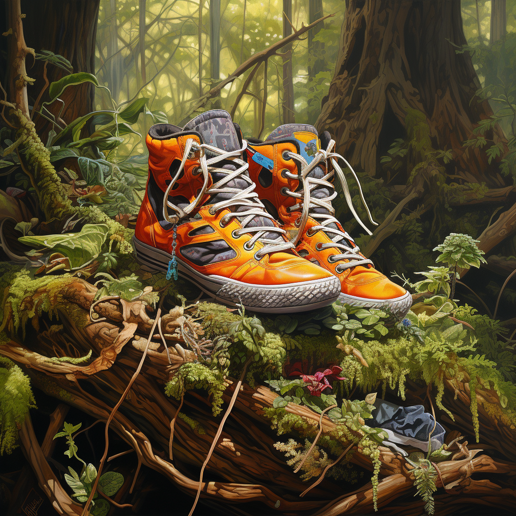 Colorful forest scene with confused hare and unlaced shoes