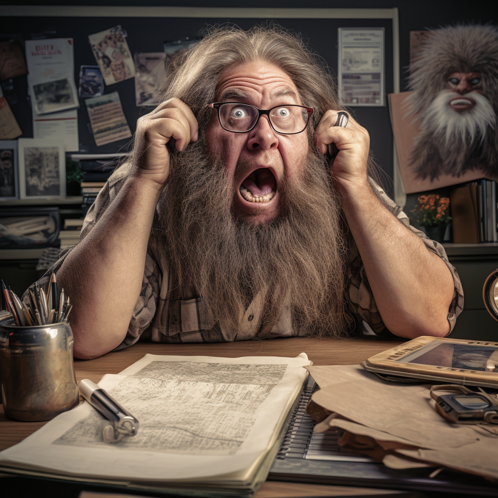 Confused neanderthal balding man at office desk