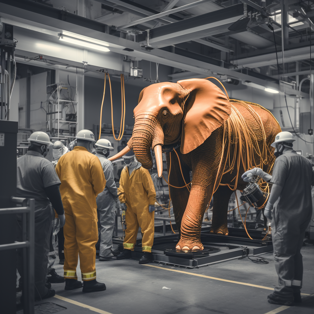 Production employees facing a huge elephant in fear