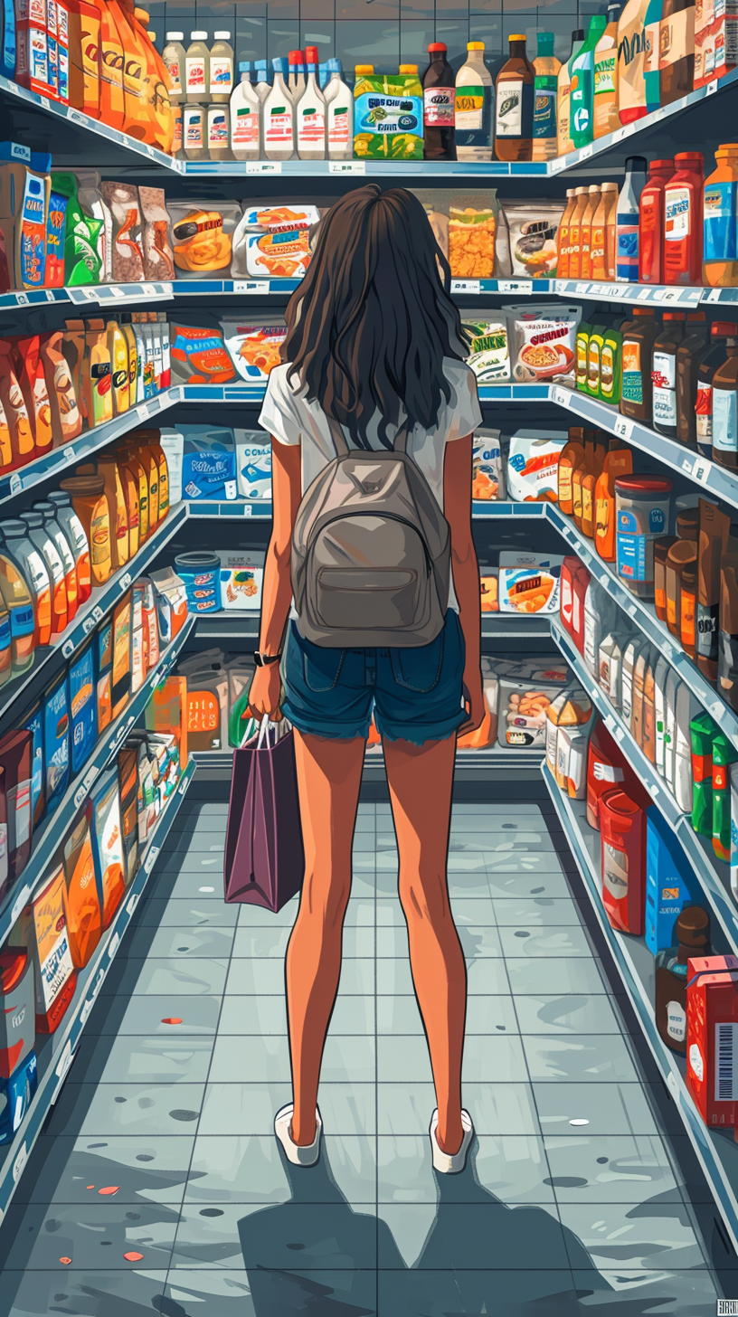 Confused shopper in supermarket aisle