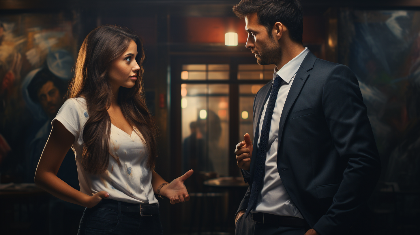 Confused businessman arguing with girlfriend