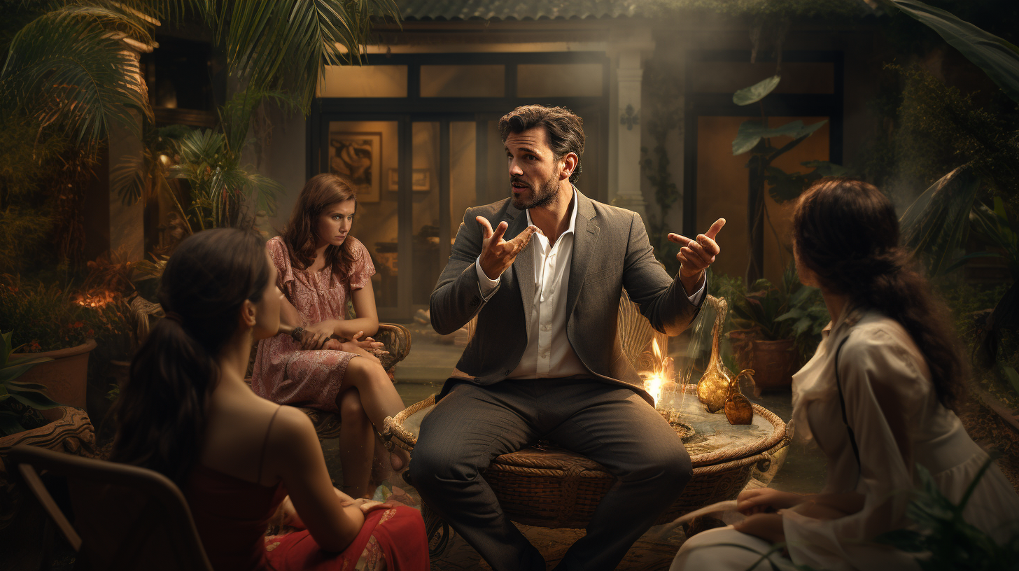 Man arguing with confused family indoors