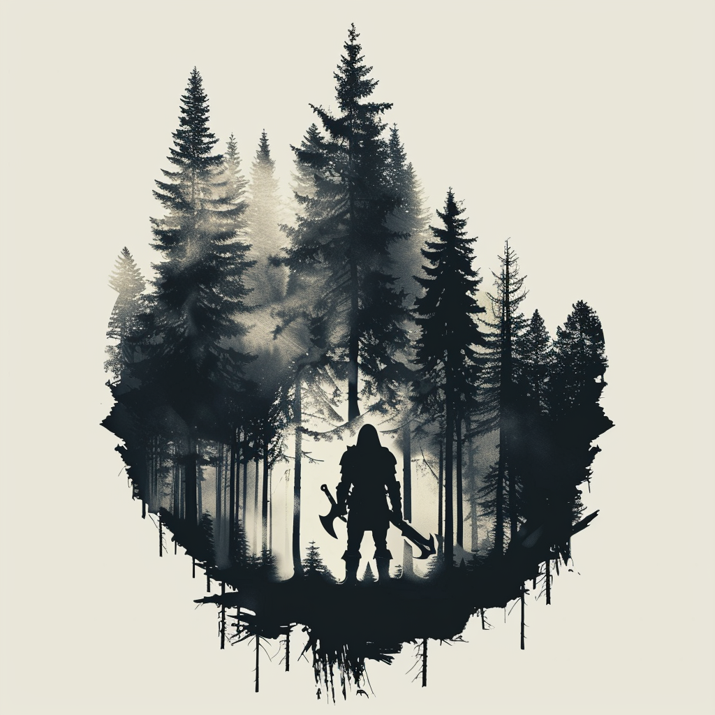 Warrior hiding in coniferous forest tattoo design