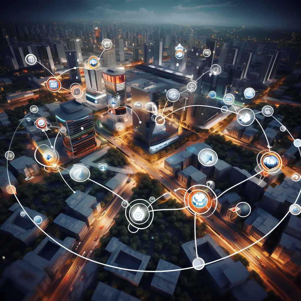 Aerial View of Connected Smart City with Camera Icons