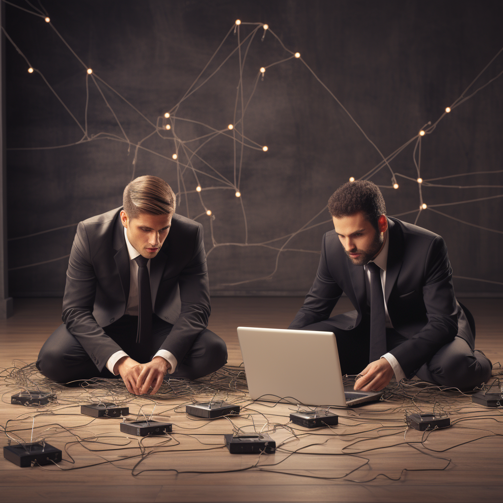 Two businessmen connecting computers on the floor