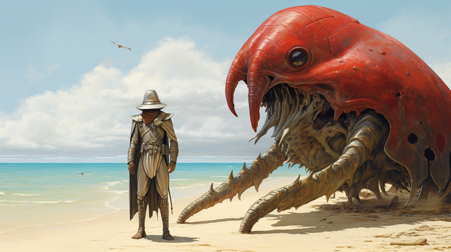 Conquistador with leech head on tropical beach