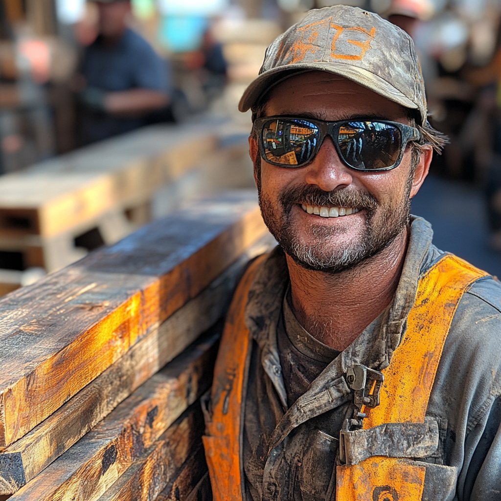 Construction worker with decking planks