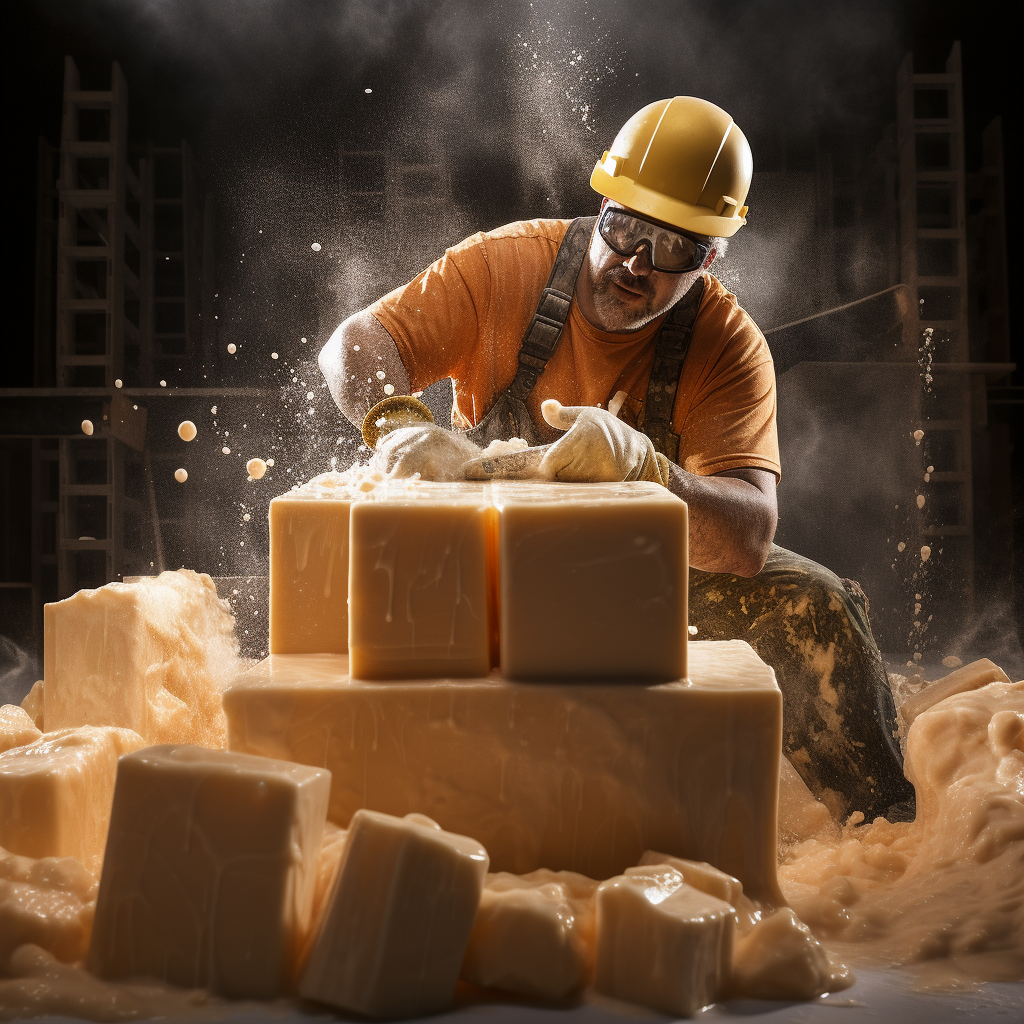 Construction worker jackhammering large blocks of soap