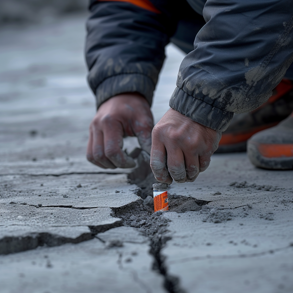 Construction worker placing repair capsule in concrete crack