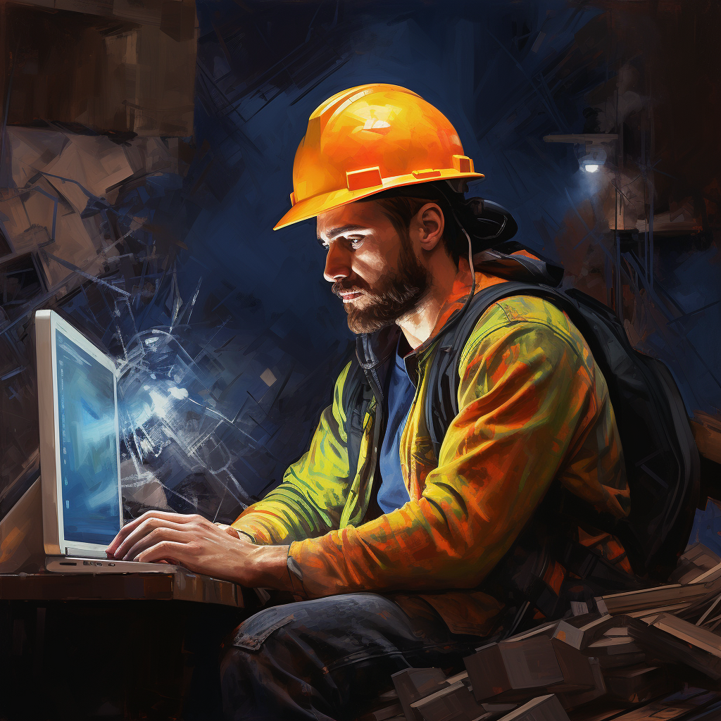 Construction worker using computer at construction site