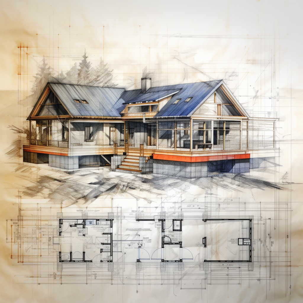 House under construction with blueprint