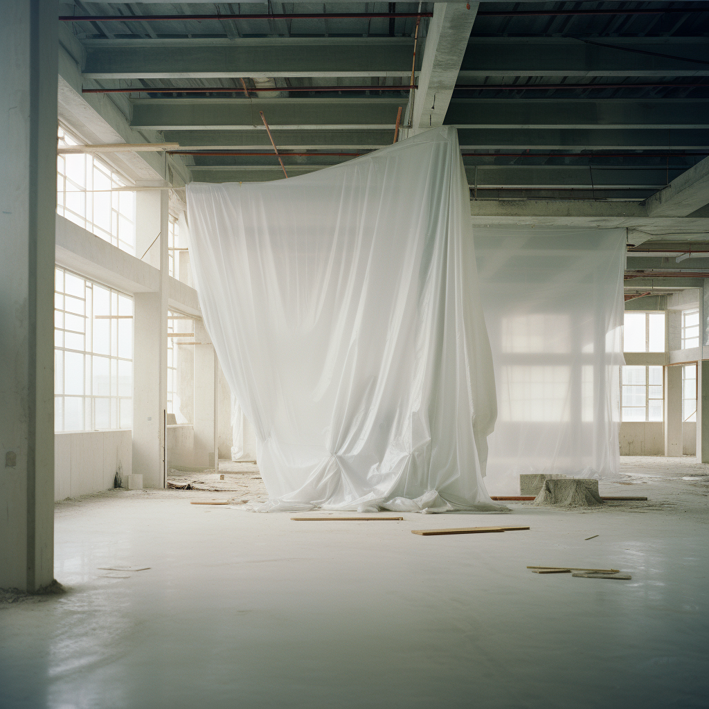 Construction site wrapped in white fabric