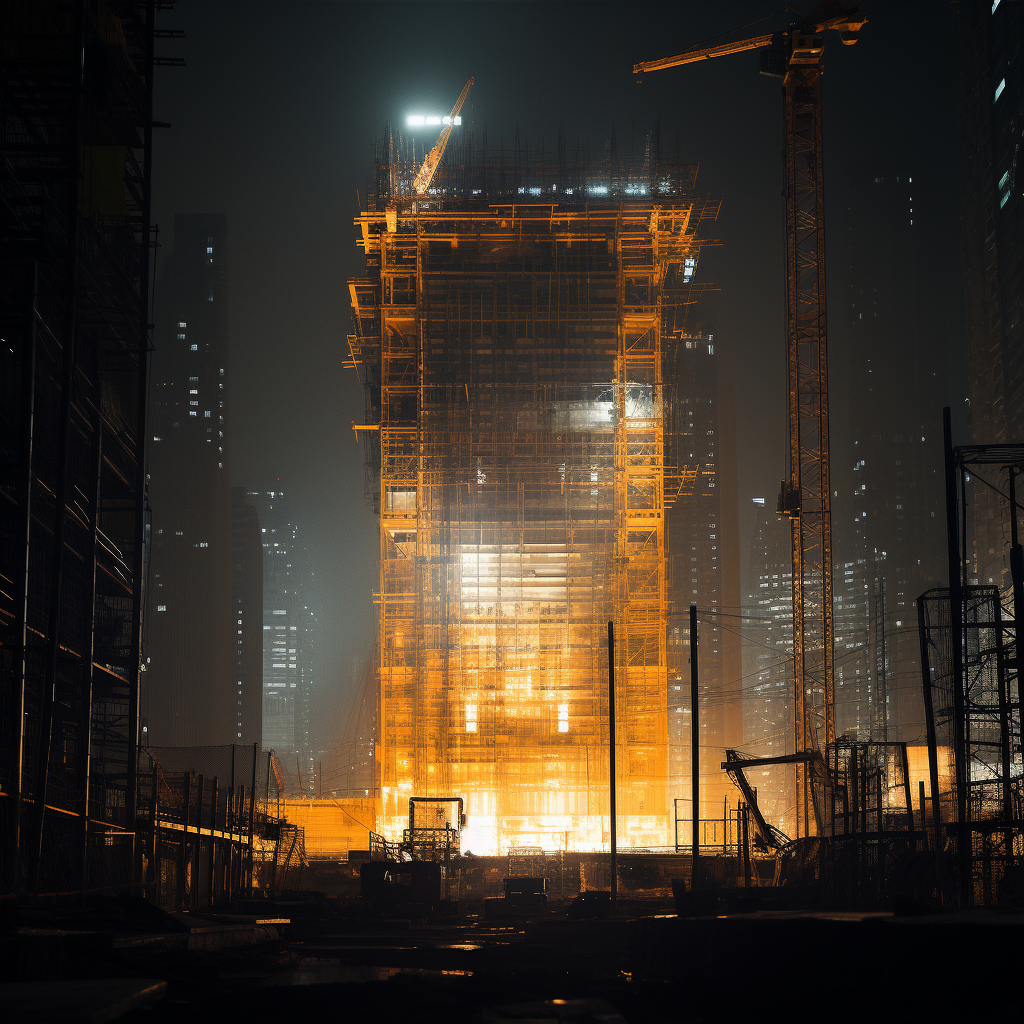 Nighttime Construction Skyscraper with Yellow Light