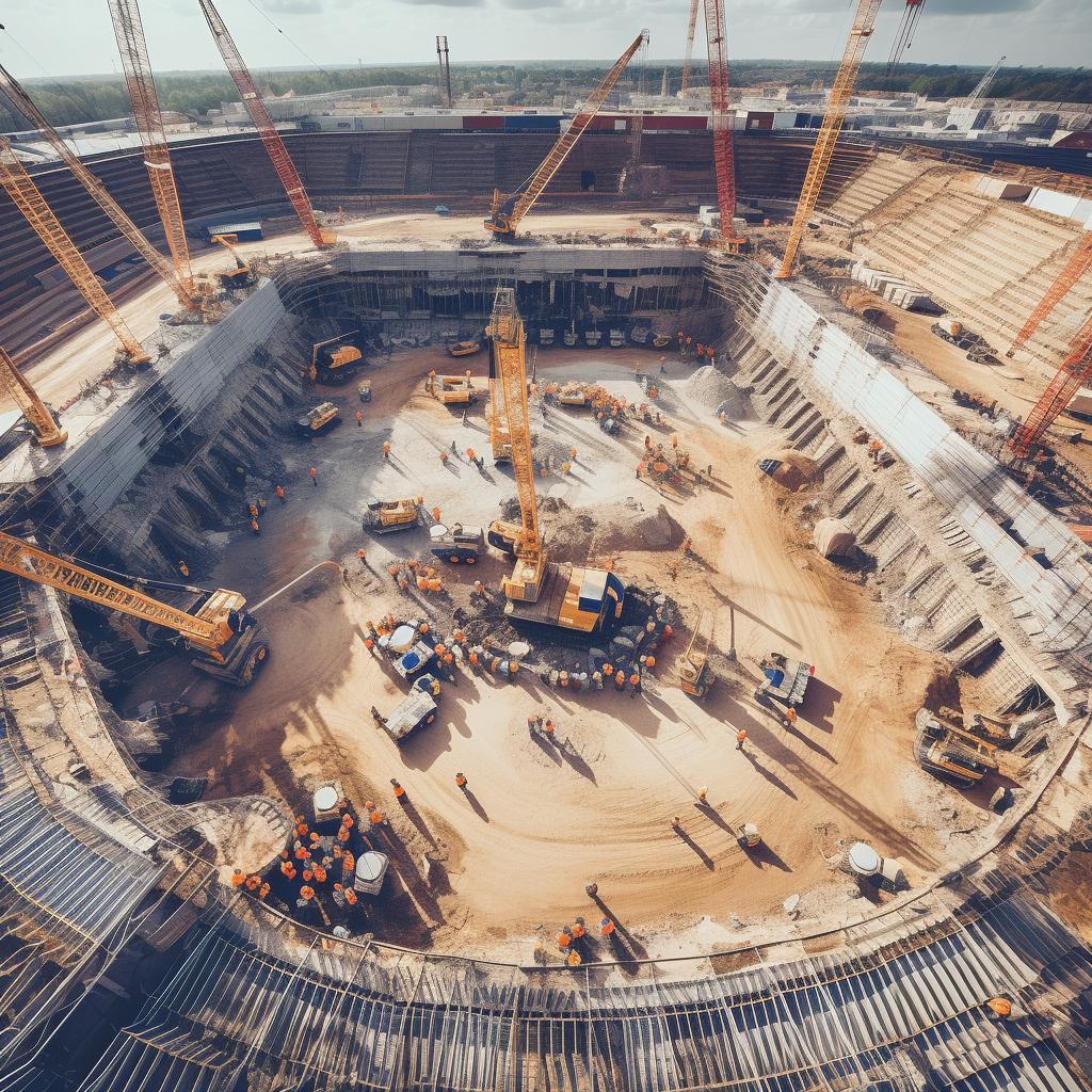 Aerial view of construction workers at football stadium