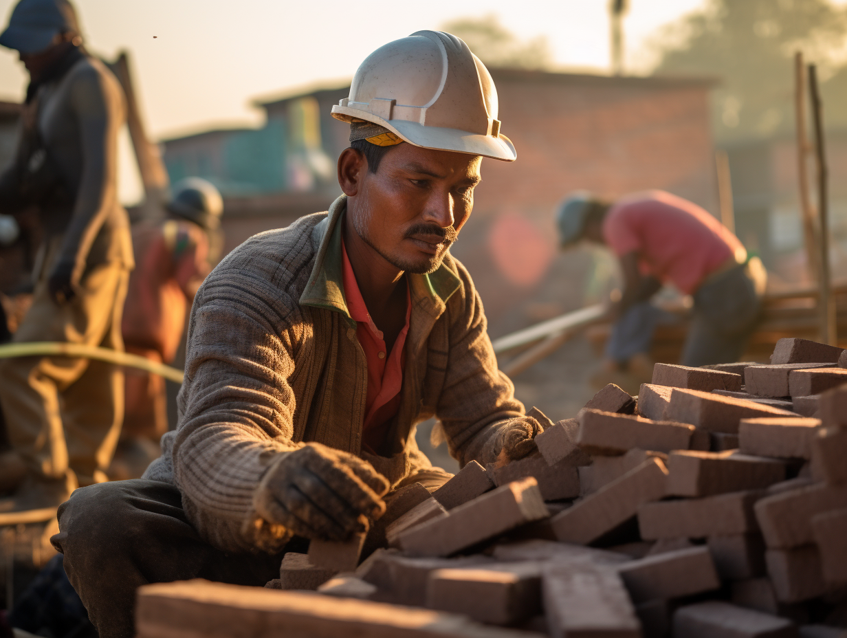 Hardworking auxiliary worker at construction site