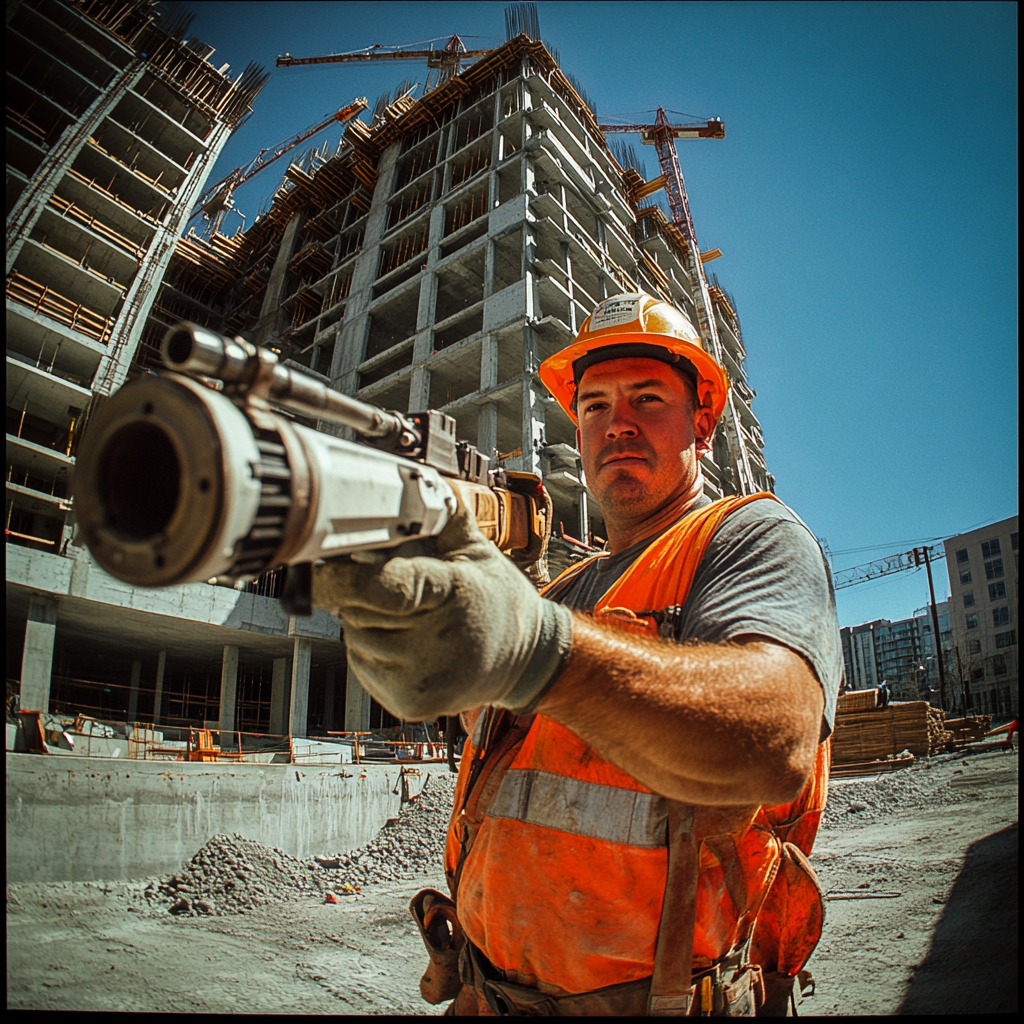 Construction worker with nailgun at construction site