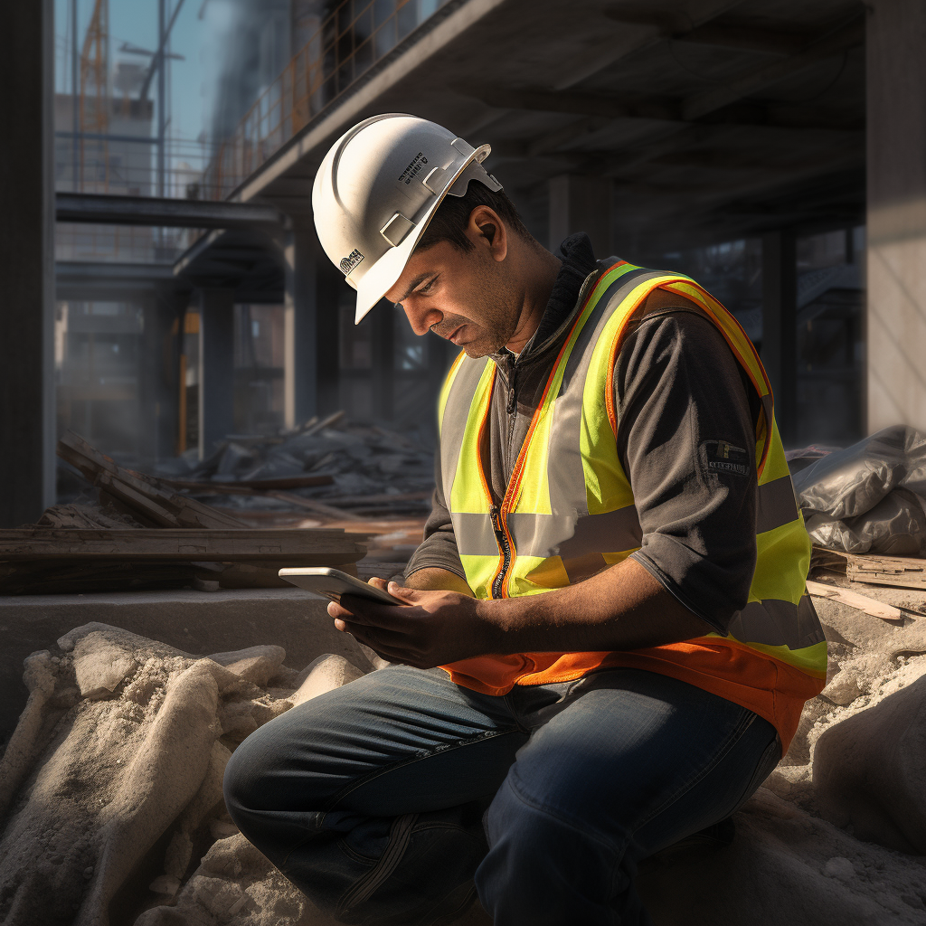 Construction worker checking phone on sunny day