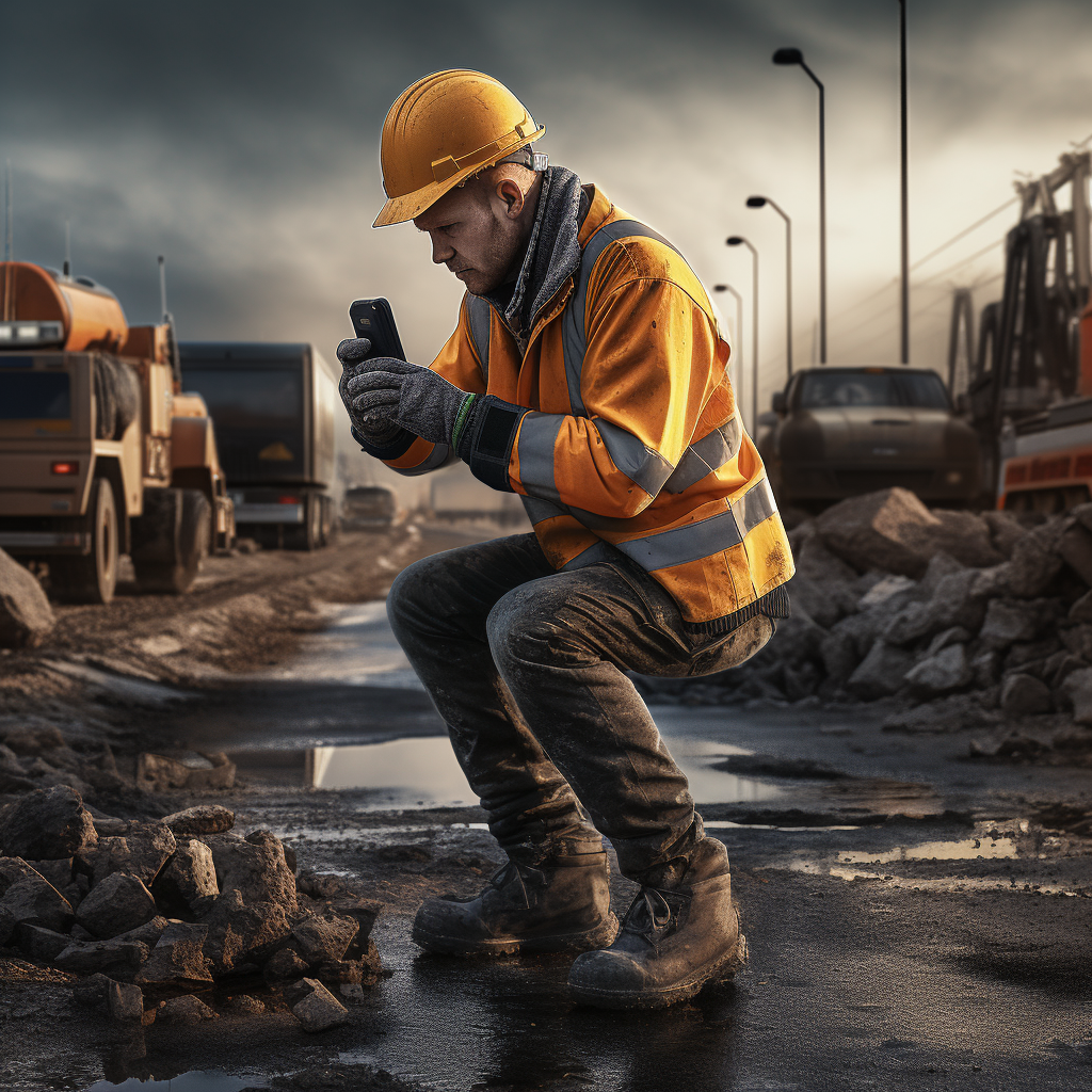 Construction Worker on Road Taking Photos