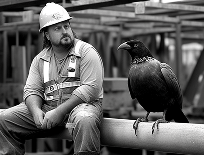 Construction worker with talking crow on steel beam
