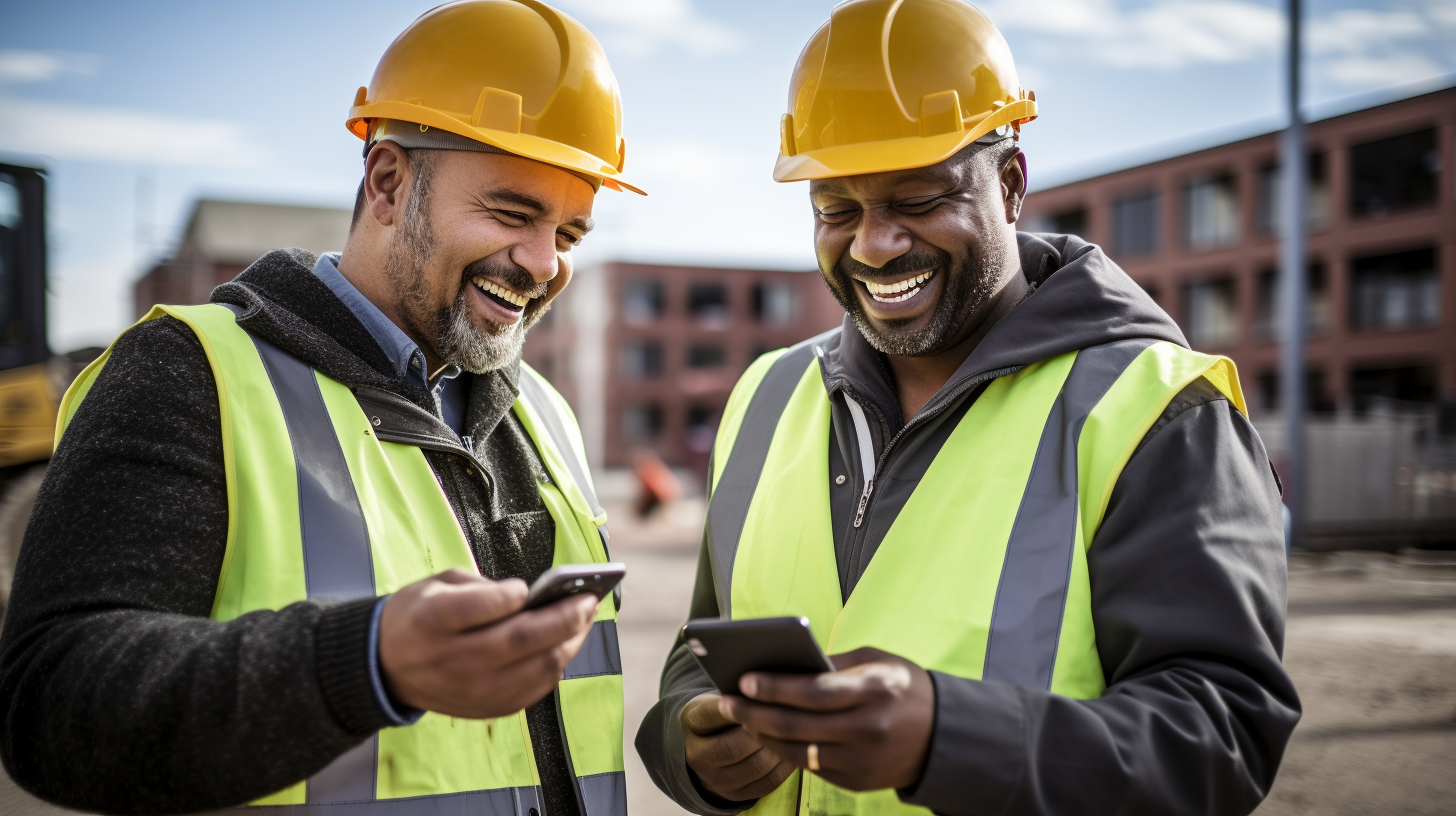 Construction Workers Checking Smartphones and Tablets