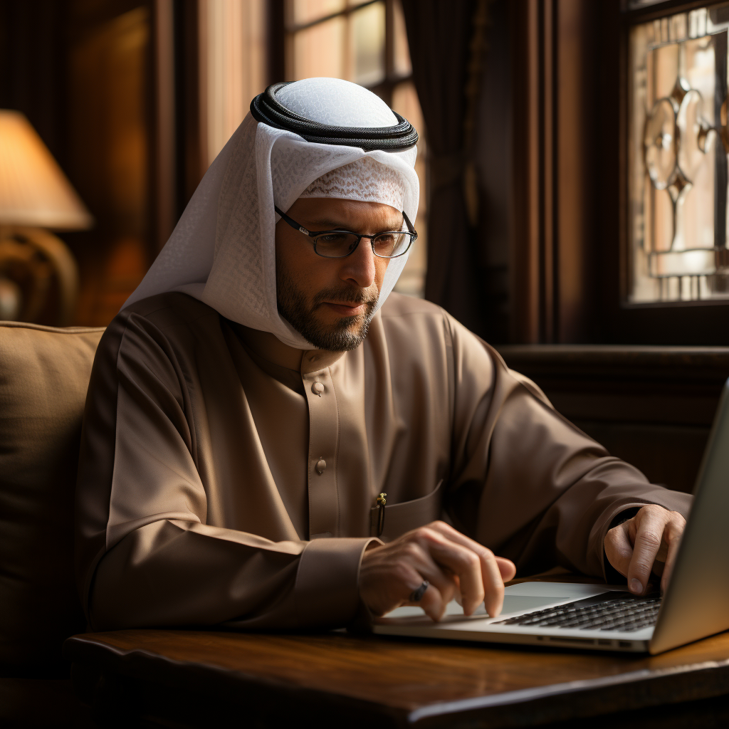 Muslim man designing a logo for a consulting firm