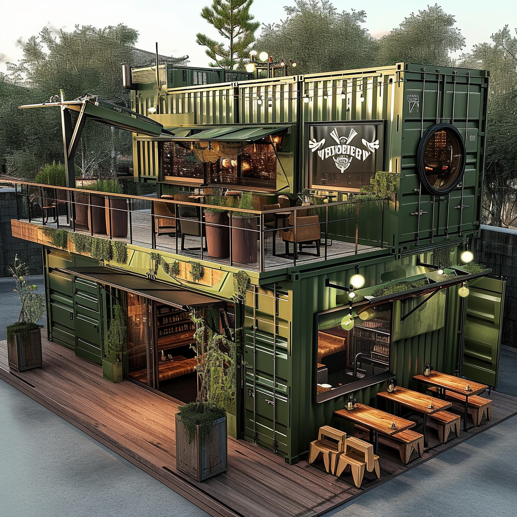 Container restaurants with military green design