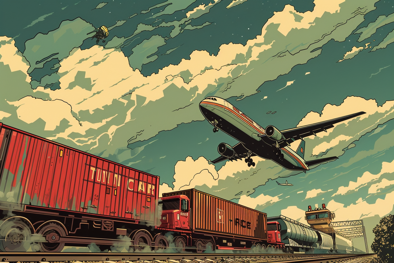 Comic Book Style Freight Transport Vehicles in the Sky