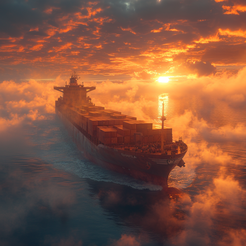 Container ship in morning mist sunshine