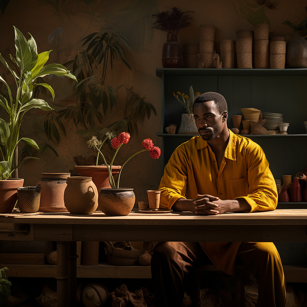 Contemplative black man in earthy atmosphere