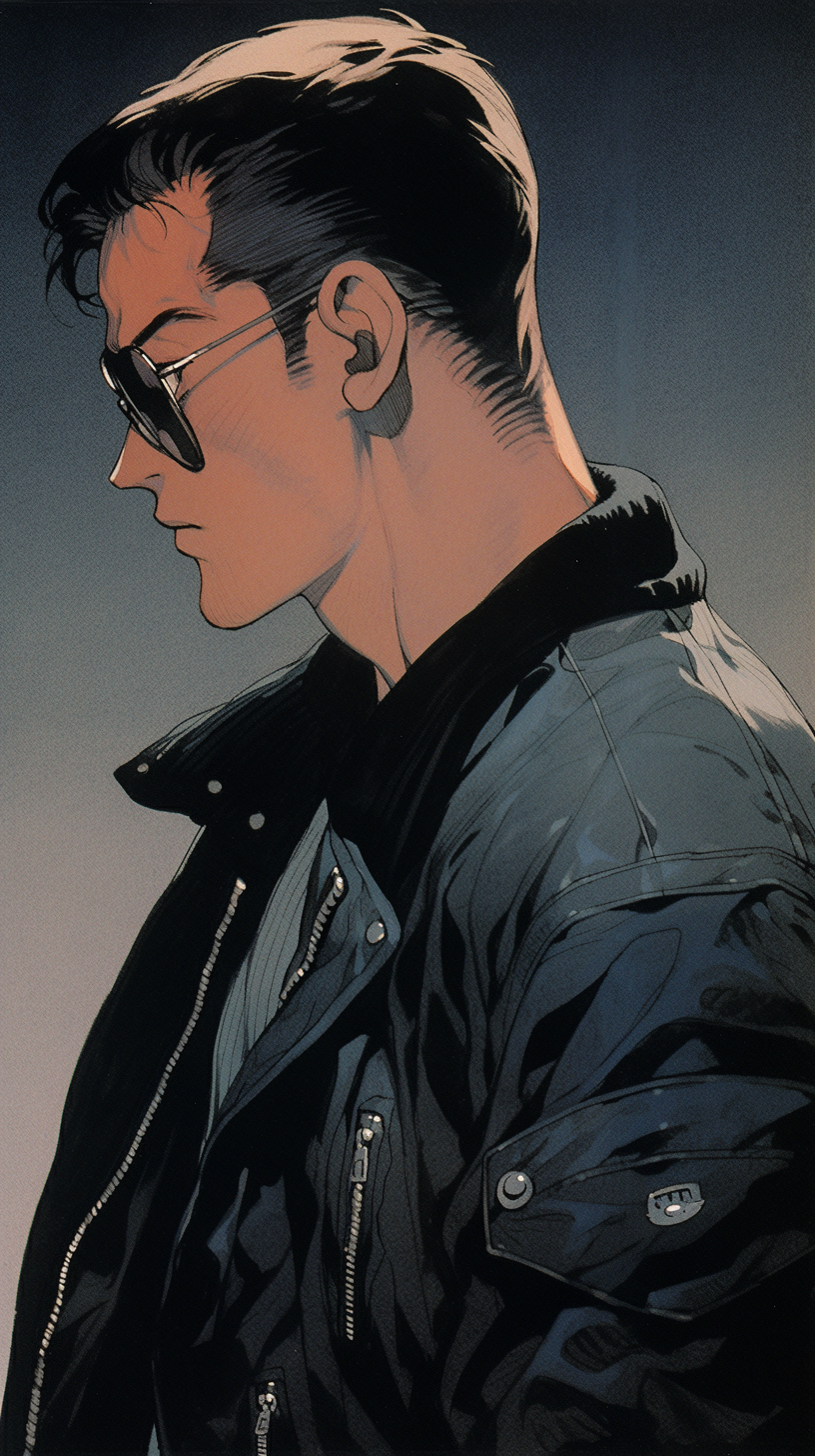 Contemplative man in jeans and leather jacket with aviator sunglasses