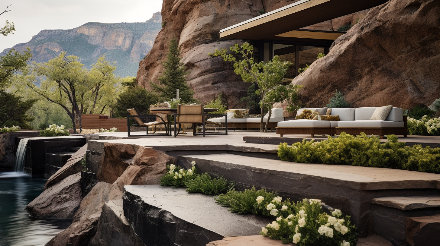 Beautiful backyard garden with quartzite rocks