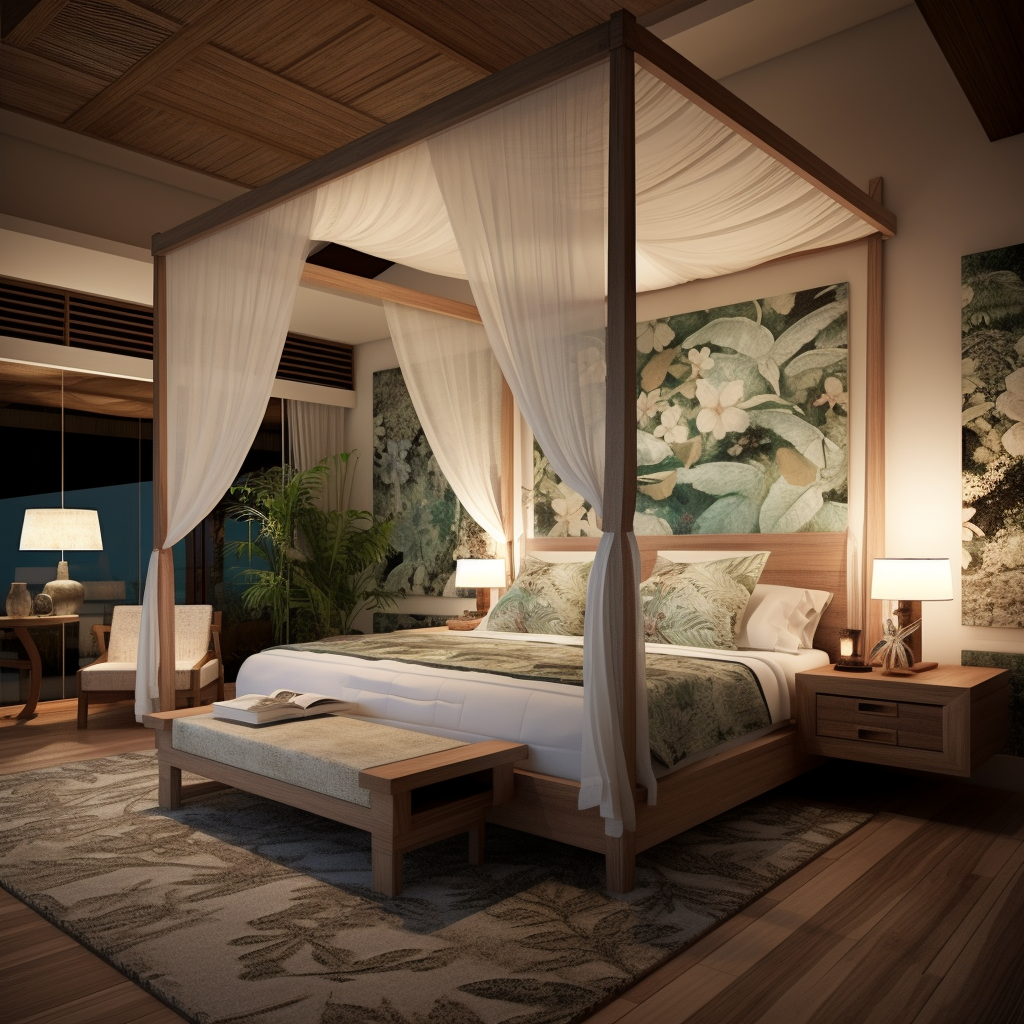 Contemporary Balinese Bedroom with Canopy Bed and Artwork