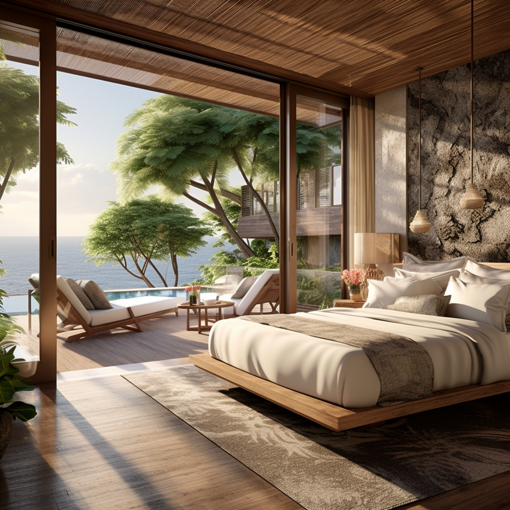 Contemporary Balinese Bedroom with Private Balcony and Sea Views