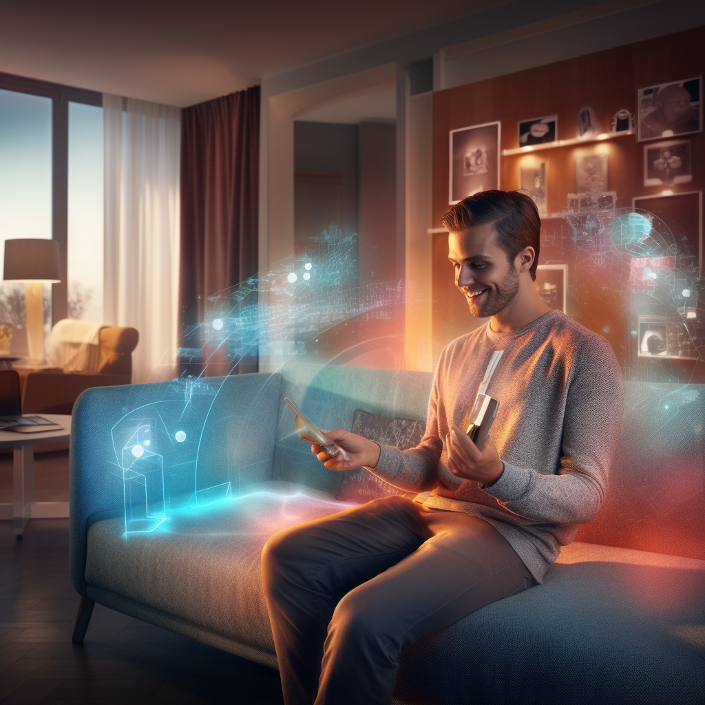 Hotel room with young traveler interacting with holographic interface