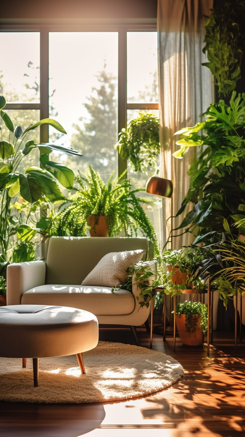 Lush green plants in contemporary living room