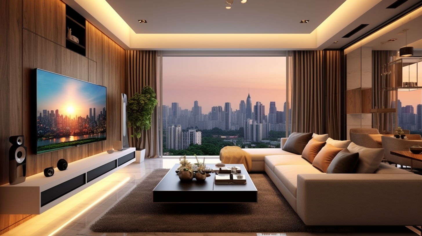 Modern Living Hall with Plush Sofa and Urban View.