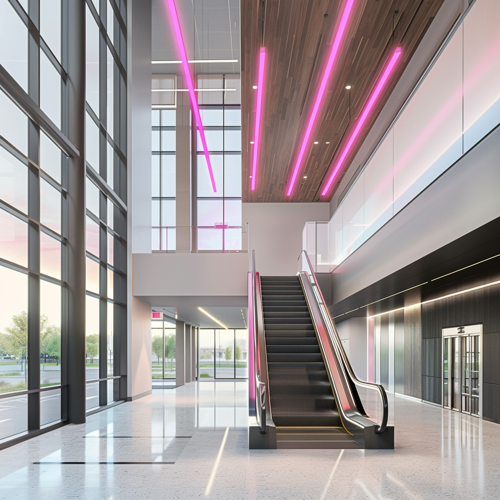 Contemporary lobby with stairs and escalator