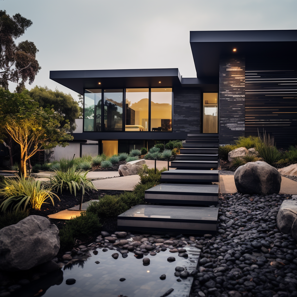 Contemporary modern house with black decorative rocks