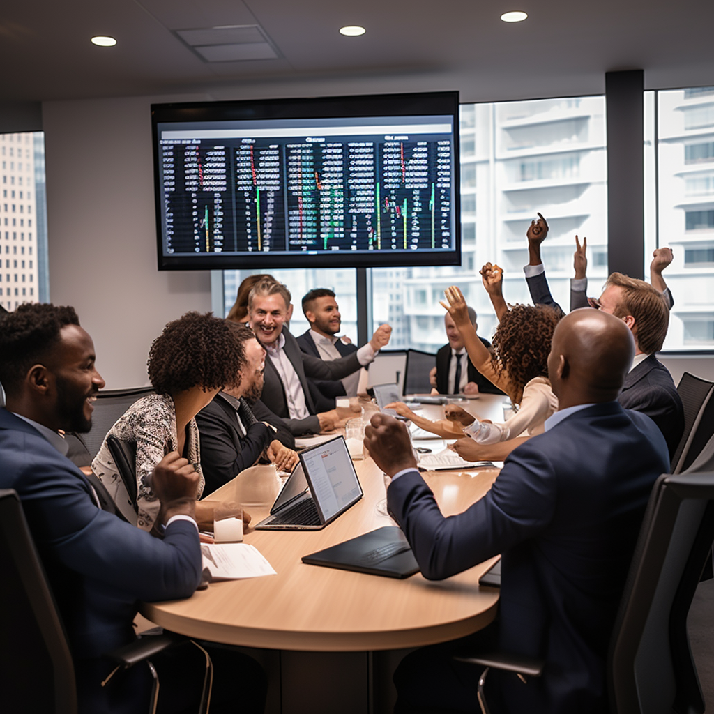 Diverse professionals celebrating successful office meeting