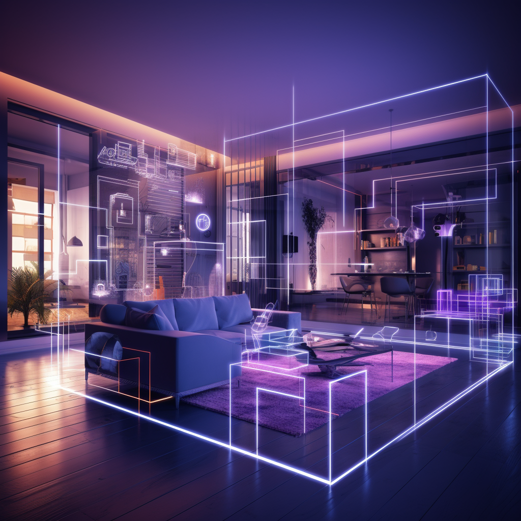 Floorplan gridlines in contemporary open concept living room