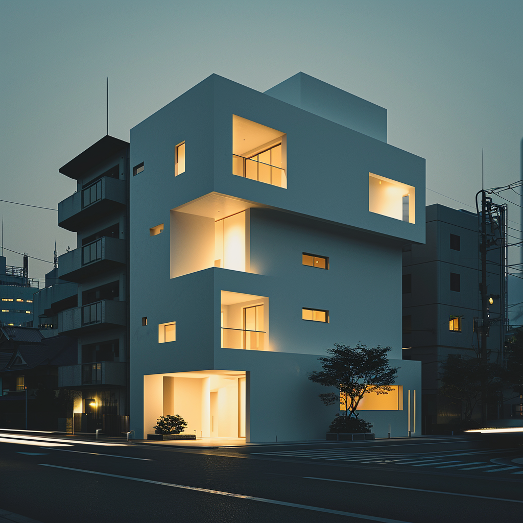 Minimal Contemporary Parametric Japanese White Building in Evening Tokyo